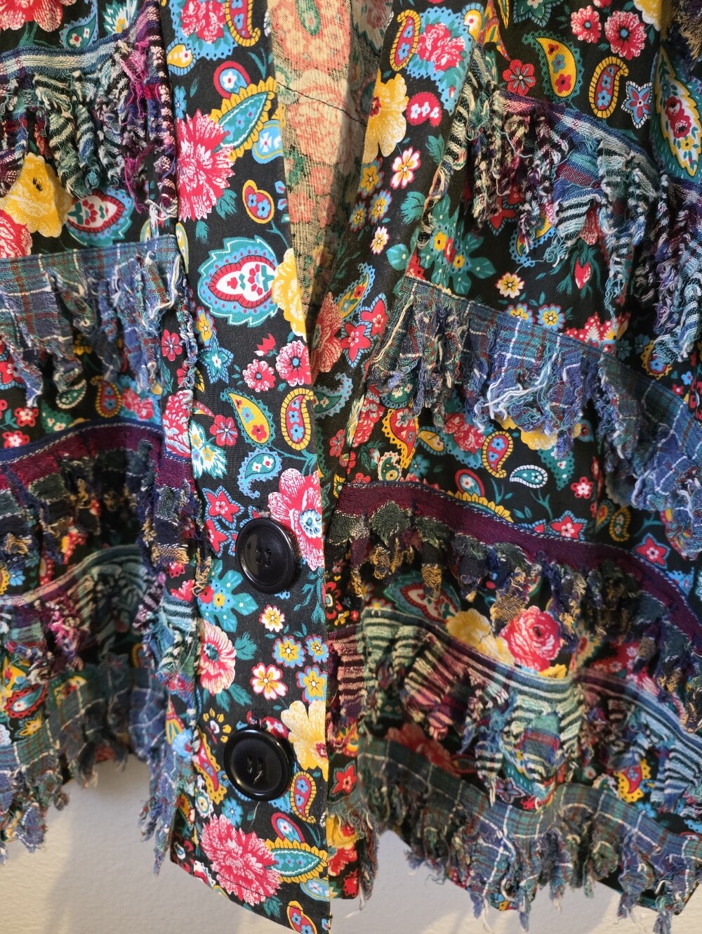 Womens Paula Sweet "Muslin Mink" Art-to-Wear Jacket W/Floral Print & Fringe L - Picture 6 of 8